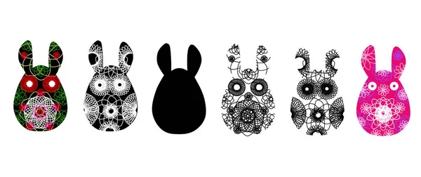 Conjunto de siluetas de conejo con un patrón abstracto contrastante. Ilustración vectorial aislada sobre fondo blanco. Conejito inusual para el diseño de Pascua y tarjetas. — Vector de stock