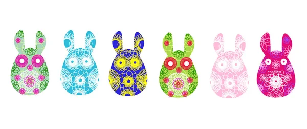 Conjunto de siluetas de conejo con un patrón abstracto brillante. Ilustración vectorial aislada sobre fondo blanco. Conejito inusual para el diseño de Pascua y tarjetas . — Vector de stock