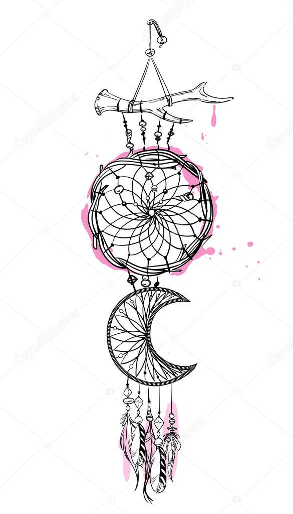 Vector illustration with hand drawn dream catcher with pink accents. Feathers and beads.