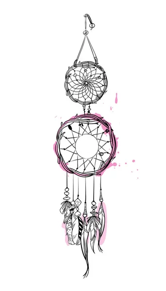 Vektorová ilustrace s ručně kresleným lapačem snů s růžovým přízvukem. Peří a korálky. — Stockový vektor