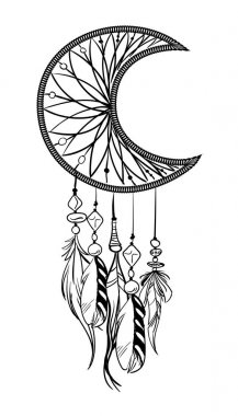 Elle çizilmiş rüya yakalayıcılı vektör çizimi. Tüyler ve boncuklar.