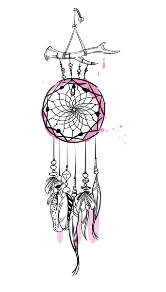 Illustrazione vettoriale con acchiappasogni disegnato a mano con accenti rosa. Piume e perline. — Vettoriale Stock