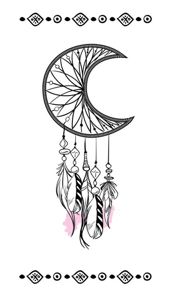 Vector illustration with hand drawn dream catcher with pink accents. Feathers and beads. — Stock Vector