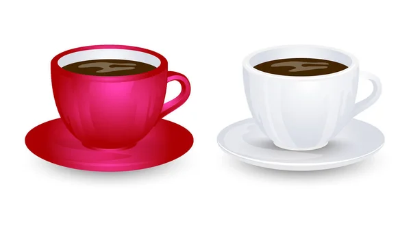 प्लेट वेक्टर डिझाइनवर लाल आणि पांढरा कॉफी कप मोकअप. पांढरा पार्श्वभूमीवर पृथक् . — स्टॉक व्हेक्टर