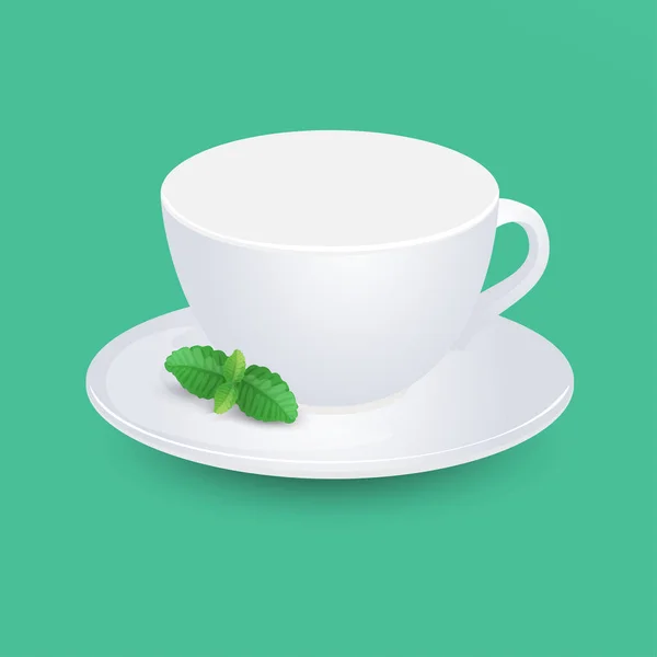 Белый макет пустой чашки с мятой на тарелке. Изолированный на зеленом фоне . — стоковый вектор