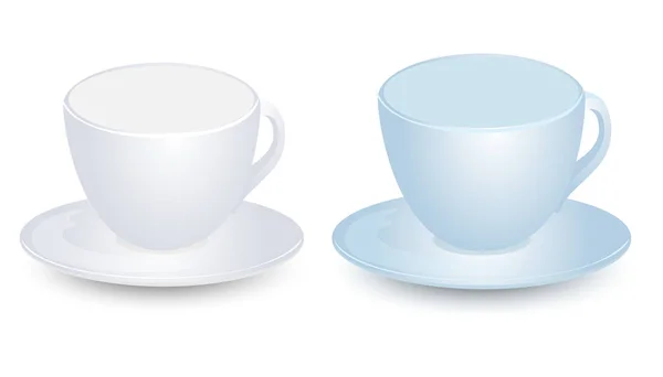 Azul y blanco taza maquetas en el diseño de vectores de placas. Aislado sobre fondo blanco . — Vector de stock