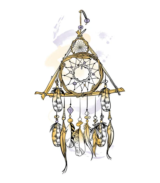 Vektorillustration mit handgezeichnetem Traumfänger und Aquarellflecken. Federn und Perlen. — Stockvektor