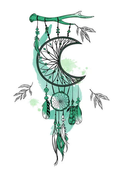 Εικονογράφηση διάνυσμα με χέρι dream catcher και λεκέδες ακουαρέλα. Φτερά και χάντρες. — Διανυσματικό Αρχείο