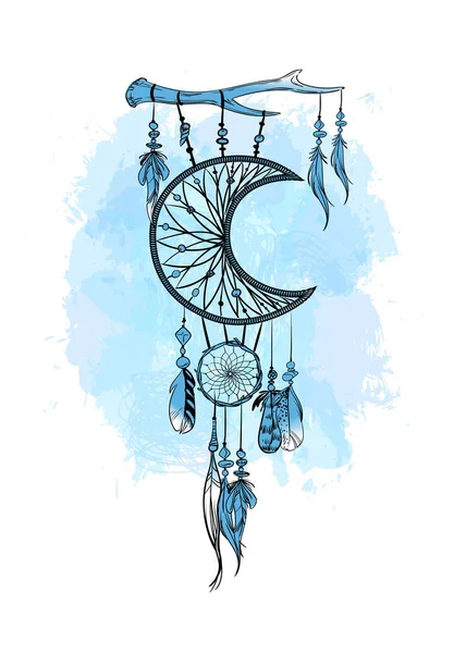 Elle çizilmiş rüya kapanı ve suluboya lekeli vektör çizimi. Tüyler ve boncuklar.