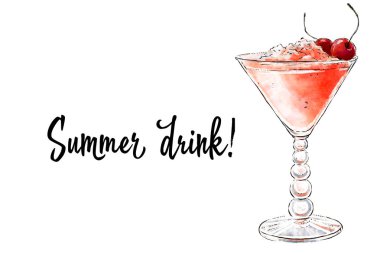 Colorfu resmi çizilmiş taze meyve güler yüzlü lezzetli. Taze yaz kokteyl kiraz ve güzel bir cam kırılmış buz ile. Sağlıklı içecek. Doğal vitamin içeceği.