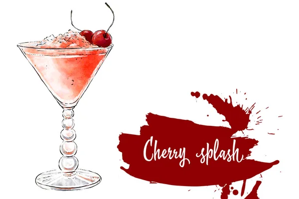 Colorfu hand-drawn illustration of delicious smoothie of fresh fruit. Fresh summer cocktail with cherries and crushed ice in a beautiful glass. Healthy beverage. Vitamin natural drink. — Stock Photo, Image