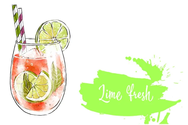 Colorfu hand-drawn illustration of delicious smoothie of fresh fruit. Fresh summer cocktail with lime and orange juice. Glass with ice cubes and a straw. Healthy beverage. Vitamin natural drink. — Stock Photo, Image