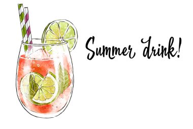 Colorfu resmi çizilmiş taze meyve güler yüzlü lezzetli. Taze yaz kokteyl limon ve portakal suyu ile. Cam buz küpleri ve pipet. Sağlıklı içecek. Doğal vitamin içeceği.