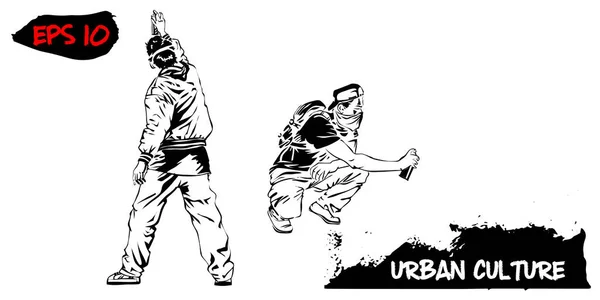 Illustratie met vertegenwoordigers van Urban Culture. Twee graffiti kunstenaars geïsoleerd op witte achtergrond. Extreem thema moderne print. — Stockvector