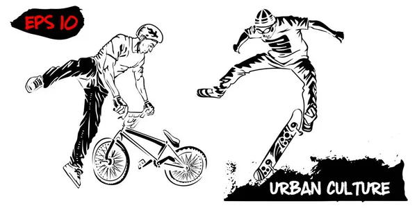 Illustration with representatives of Urban Culture. BMX rider and skater isolated on white background. Extreme theme modern print. — Stock Vector