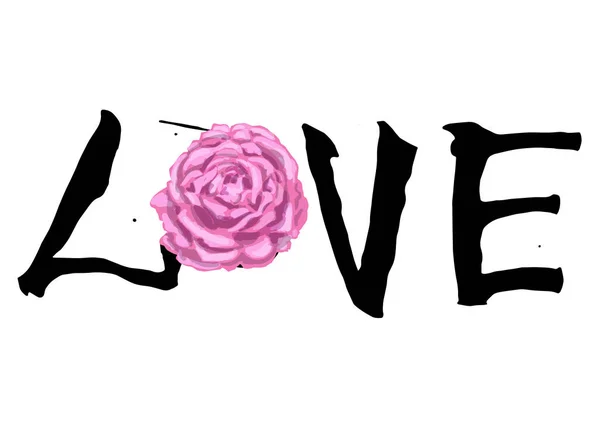 Cartas escritas a mano AMOR y hermosa flor de rosa para carteles de diseño de San Valentín, tarjeta de felicitación, álbum de fotos, pancarta. Caligrafía vector colección ilustración. — Vector de stock