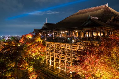 Sonbahar gece ışık saçtığını Kiyomizu-dera Tapınağı'nda