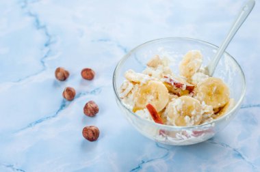 Kahvaltı, yazlık, peynir, ekşi, krem, beyaz zemin üzerine muz