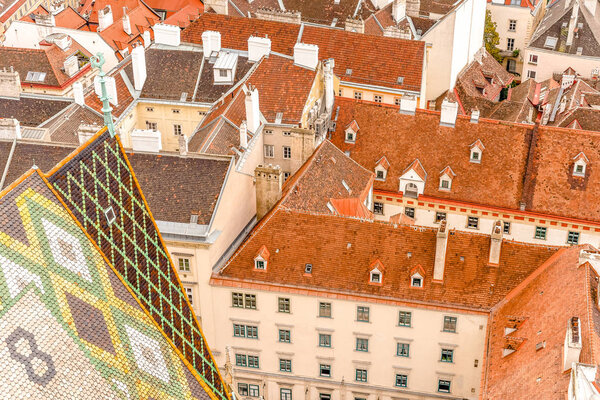 Aerial view over the rooftops of Vienna from the St. Stephen's Cathedral, Austria.