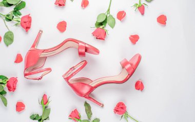 Beyaz arka planda mercan sandaletleri düz yerde yatıyordu. Moda modasına uygun kadınsı bir arka plan. Güzellik günlüğü konsepti.