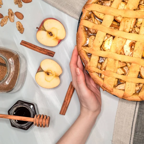 Almás pite, kéz, alma, fahéj, cukor, felülnézet — Stock Fotó