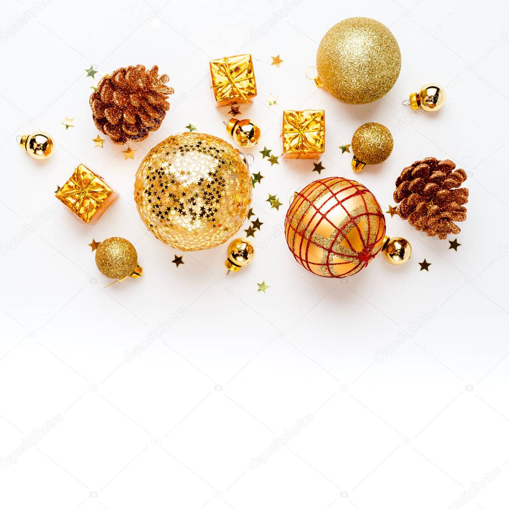 christmas golden background, christmas decoration, cones, balls, glitter, flat lay 