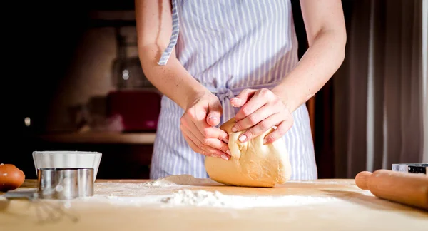 Fingers on dough, chef kneads dough for baking, concept cooking, bakery — 스톡 사진