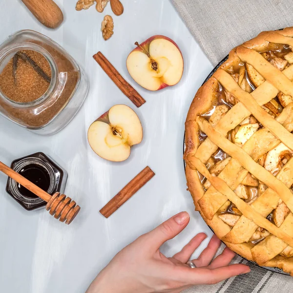 Apfelkuchen, Hände, Äpfel, Zimt, Zucker, Draufsicht — Stockfoto