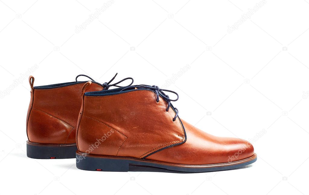 luxurious male brown and blue leather shoes isolated on a white