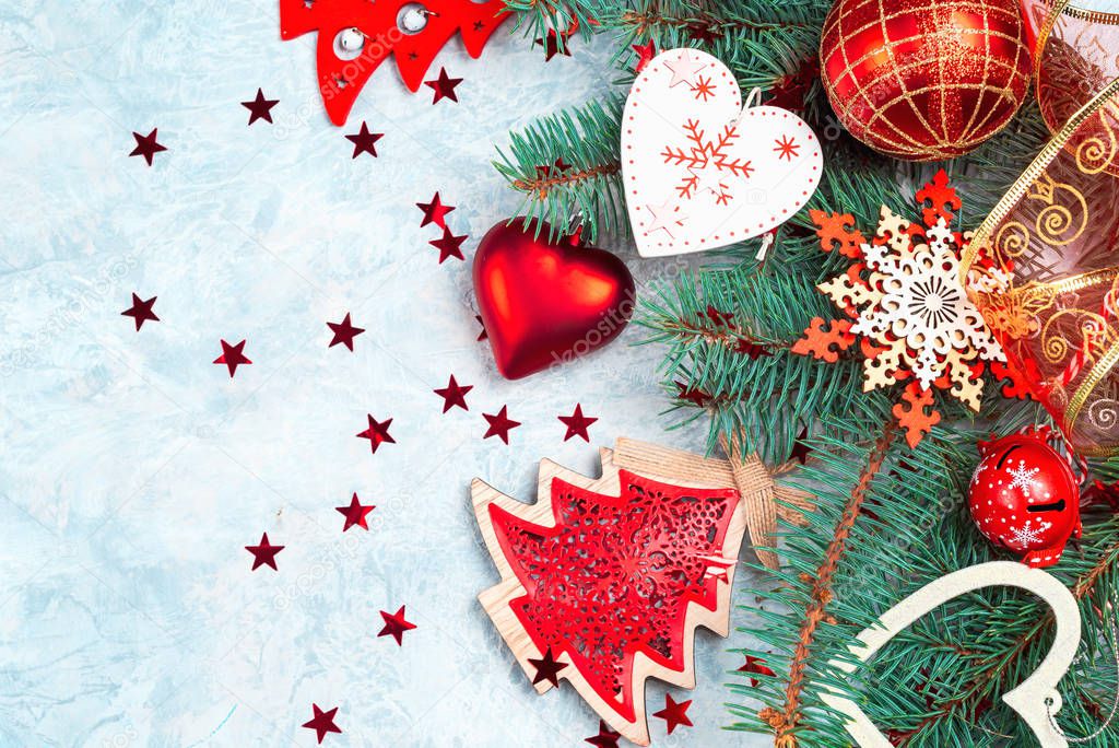 Christmas background border red, Christmas decorations, place for text, white background