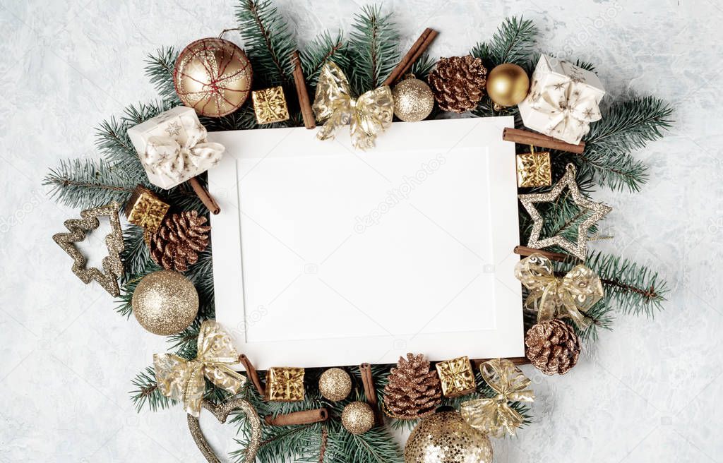 Christmas creative background border, gold color, cones, branches, place for text