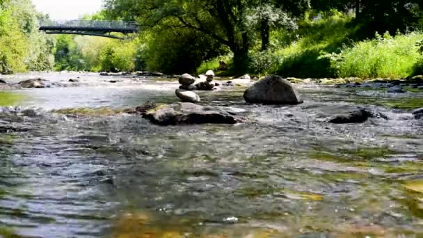 Wiosenna rzeka w mieście płynąca między skałami, Freiburg Niemcy, zwolnione tempo — Wideo stockowe