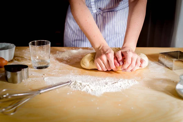 Fingers on dough, chef kneads dough for baking, concept cooking, bakery — 스톡 사진