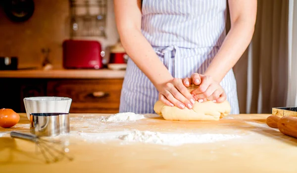Chef kneads baking dough, dirty chef hands in pastry, cooking, bakery concept — 스톡 사진