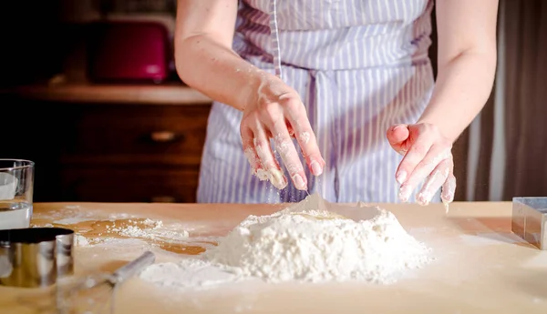 Fingers on dough, chef kneads dough for baking, concept cooking, bakery — 스톡 사진