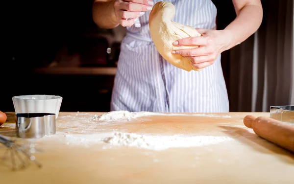 Chef kneads baking dough, dirty chef hands in pastry, cooking, bakery concept — 스톡 사진