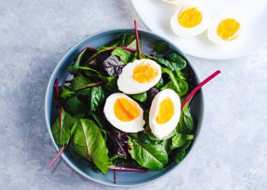 Mavi arka planda mavi bir kasede yumurtalı yeşil salata.