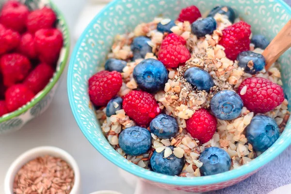 Breakfast Buckwheat Porridge Raspberries Blueberries — Stock Photo, Image