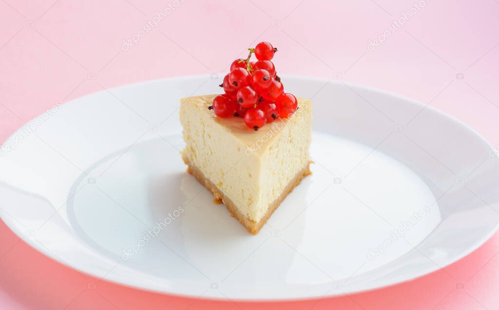 Slice of Plain New York Cheesecake on white plate on wooden background