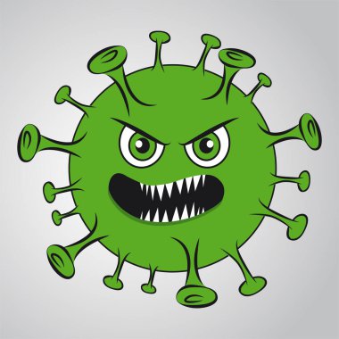 Coronavirus 'un çizgi film çizimi. Tehlike ve halk sağlığı risk hastalığı ve grip salgını. Tehlikeli hücrelerle salgın hastalık konsepti. Vektör çizimi