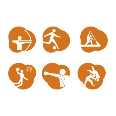 Bir takım spor ikonları. Kutu, basketbol, yüzme, futbol, badminton, jimnastik, tenis
