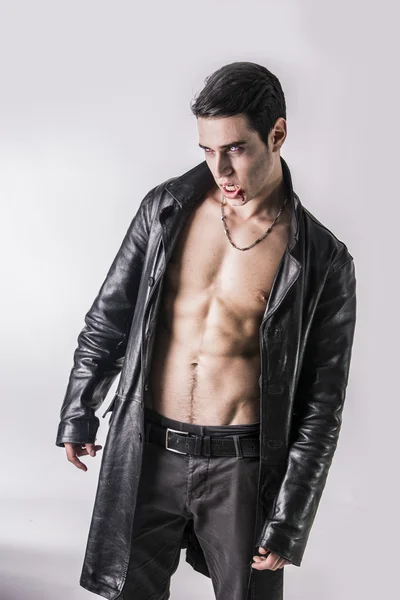 Young Vampire Man in an Open Black Leather Jacket — Stock Photo, Image