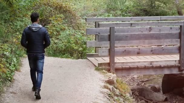 Joven senderismo en exuberante paisaje de montaña verde — Vídeos de Stock