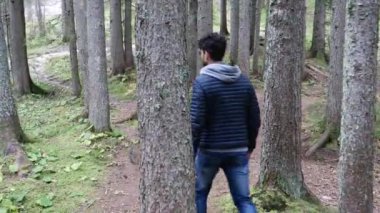 Yemyeşil yeşil dağ manzarası'da yürüyüş genç adam