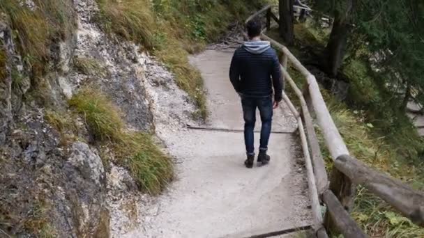 Jovem caminhadas em exuberante paisagem de montanha verde — Vídeo de Stock