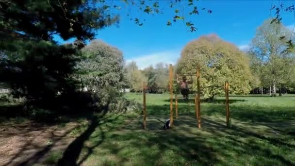 Hombre joven haciendo ejercicio en el gimnasio al aire libre — Vídeo de stock