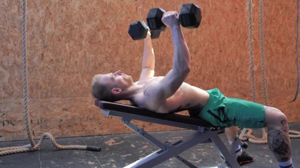 Musculoso joven sin camisa, pectorales de entrenamiento en el banco de gimnasio — Vídeo de stock