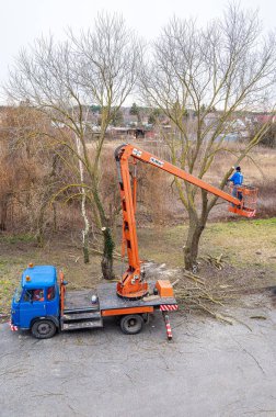Zincirli testereyle ağaç dallarını budama platformunda bir adam var. 