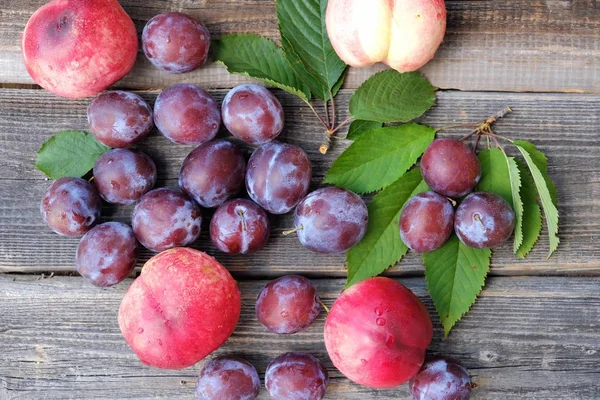 Fresh plums and peaches on wooden background