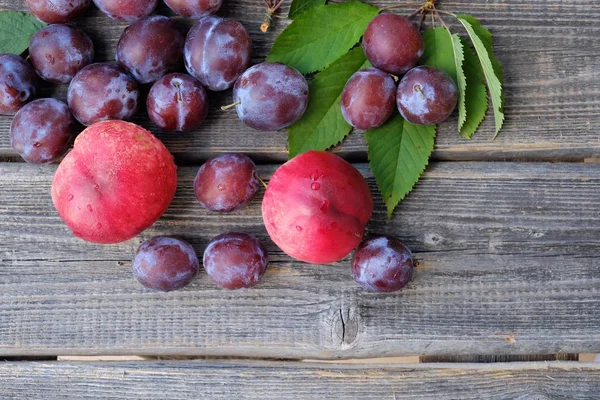 Fresh plums and peaches on wooden background